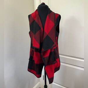 Women's Red Black Buffalo Plaid Sleeveless Vest Cardigan Size L